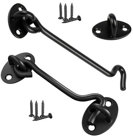 2PCS Hook and Eye Latch, Cabin Hook Stainless Steel Gate Hook Lock - Black Shed Door Latch Heavy Duty, Gate Latch for Garden Gate, Wooden Gates, Window Brace Gate Door Catch (4in)