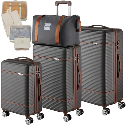 tectake® Set Valigie Da Viaggio, 13 Pezzi, Valigie Impilabili in ABS, Finiture in Similpelle, Rotelle Girevoli a 360°, Lucchetto TSA, Manico Telescopico Regolabile, Interno Separabile – Antracite