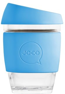 JOCO 12oz Travel Friendly Eco-innovative Borosilicate Reusable Classic Glass Coffee Cups, Microwave Safe Travel Coffee Cup, 100% Plastic Free Thermal Shock Resistant Glass Mug (Blue Sea)
