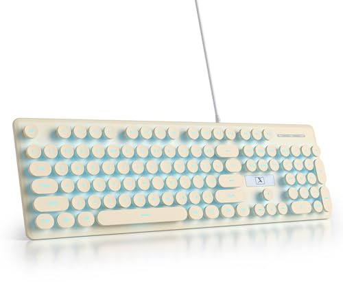 surmen Joli clavier filaire rétro silencieux pour machine à écrire - Clavier souple pleine taille avec pavé numérique - Touches rondes - USB rétroéclairé pour bureau, ordinateur portable - Beige