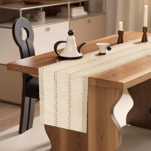 Beige Table Runners for Dining Table - 30 x 180 cm Boho Table Runner, Macrame Hand Woven Cotton Linen,Washable Rustic Table Decoration for Wedding, Kitchen, Country Style, Farmhouse, Party Decorations
