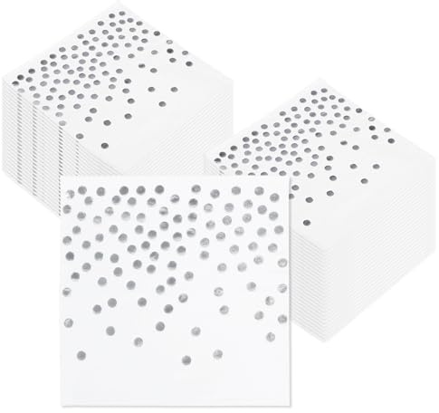 Servietten, Silber Goldfolie Party Servietten, 50 Stück Weiß Gepunktete 2-lagig Papier Servierten für Cocktail Parteien, Geburtstag, Schule Tischdeko, 33 x 33 cm