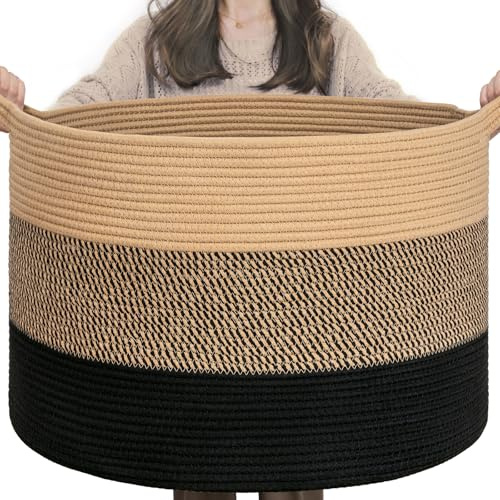 TIMEYARD 85L Large Rope Blanket Basket Toy Storage Basket Black Brown | 55x35cm Soft Cotton Rope Basket for Blankets, Toys and Cushions. Decorative Storage Solution for Living Room and Nursery