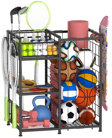 Nandae Sports Equipment Organizer, Heavy-Duty Ball Storage Rack with Elastic Straps & Basket, Multi-Use Gym Storage for Footballs, Basketballs, Yoga Mats, Golf Clubs, Tennis Rackets, Skateboards