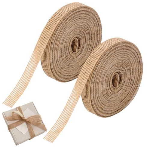 2 Rolls Hessian Ribbon 1cm Wide Jute Ribbon Hessian Ribb on Roll 20m Jute Burlap Rib Bon Hes sian Roll Brown String for Decorating Presents Vintage Wedding Christmas Rib Bon for Box(Brown)