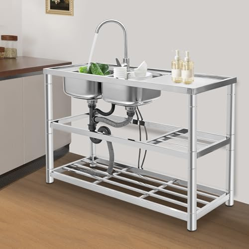 Gdetnysty 2 KüChenspüLe SpüLtisch Becken Rechts GastrospüLe Waschtisch Edelstahl SpüLbecken Doppeltes Waschbecken Mit Oppelschalenwaschbecken 120 x45x80Cm FüR HäUsern KüChen Restaurants Hotels