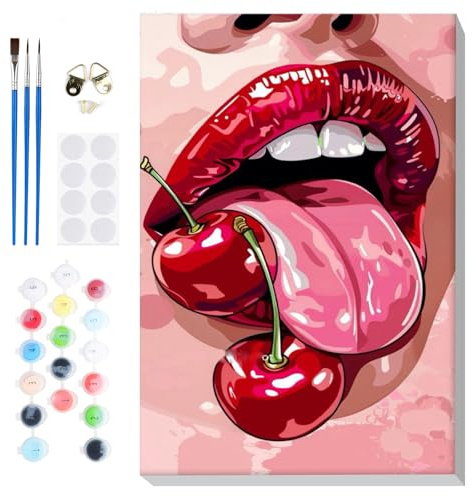 Lxmsja Pintar por Numeros Labios Rojos Adultos con Marco, DIY Cuadros para Pintar Cereza Colorear por Números Lienzos, Pintura Acrilica Manualidades Adulto Decoracion Hogar Pared 20x30cm