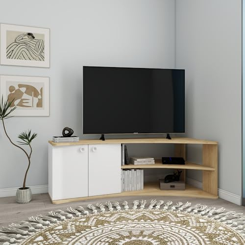 Dion Unique & Modern Corner TV Stand Entertainment Center Media Console TV Lowboard with Storage Cabinets and Shelves for TVs up to 60, H 48.6 cm | W 135 cm | D 67.7 cm (Sapphire Oak & White)