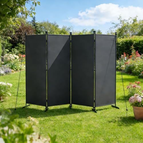 UISEBRT Paravent Outdoor wetterfest mit Heringen und Abspannleinen,Klappbar Freistehend Trennwand ohne Bohren,mobiler sichtschutz für Garten Balkon terrasse,4 Teilig 200 x 180 cm Dunkelgrau