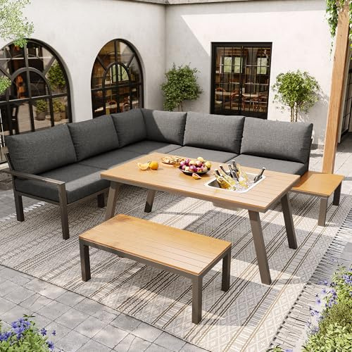 Xwiny Gartenmöbel Set für 6-7 Personen, Lounge Möbel Outdoor, 5-teiliges, 2 Doppelsofa, 1 Ecksitz, 1 Holzbank, 1 Tisch, Tischplatte mit Eiskübel, Verzinktes Eisen, Alle Kissen Inklusive