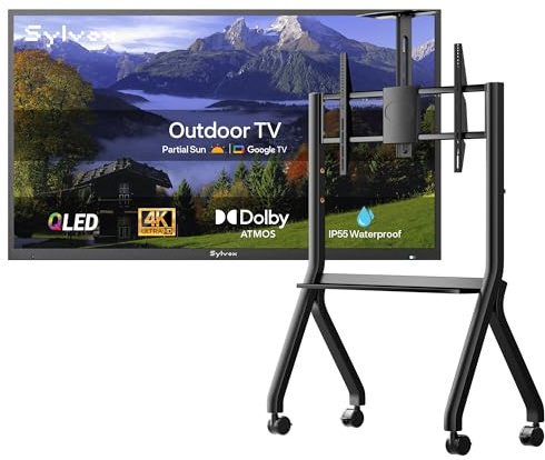 SYLVOX 55 TV da Esterno con Copertura & Supporto Televisore con Ruote - QLED 4K UHD 1000Nits, Smart Google Outdoor TV Impermeabile IP55, Dolby Atmos, WiFi, DVB-T2/S2 (Deck Pro 2.0 QLED)