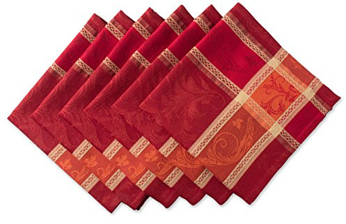 DII Traditionell skörd vete jacquard samling Thanksgiving höst bord inredning damast bomull, fyrkantig servett set, 20 x 20, bränd orange pumpa vinranka, 6 delar