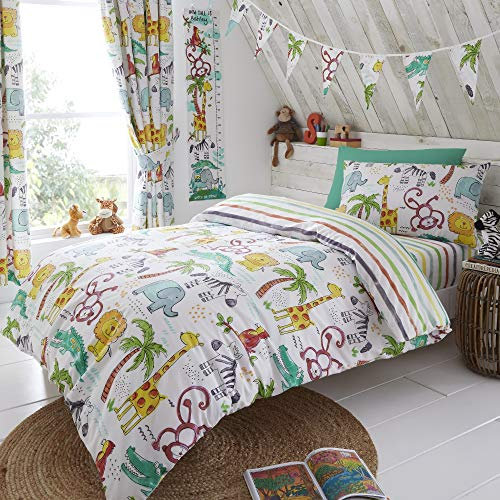 Happy Linen Company Kids Boys Girls Jungle Safari Animals Lion King Teal Reversible Toddler Cot Bed Bedding Duvet Cover Set