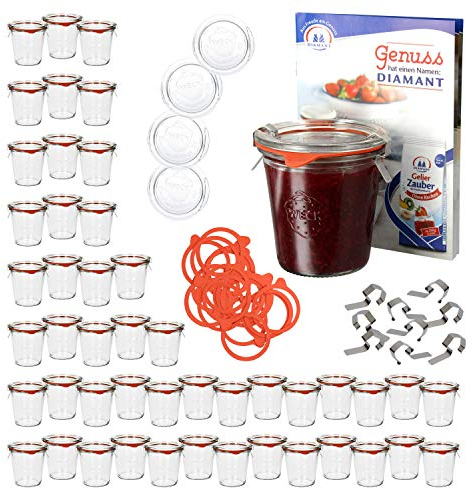 MamboCat 48er Set Weckgläser mit Deckel Einkochring Klammern I Original Weck Sturzgläser 290ml I Einweckgläser für Kuchen Gelees UVM I Marmeladenglas inkl. Diamant-Zucker Gelierzauber Rezeptheft