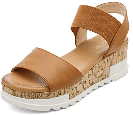 DREAM PAIRS Womens Open Toe Elastic Strap Casual Flatform Platform Wedges Sandals,Size 8,Camel,REED-2