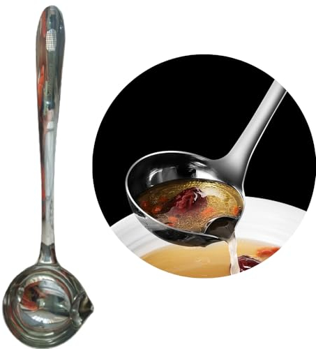 Oil Separating Stainless Steel Soup Ladle / Grease Trap Long Spoon / Fat Control Serving Spoon / Healthy Lifestyle / Kitchen Accessory (Large - 11.22 inch height)