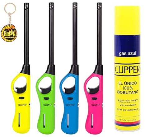 Clipper 4 Encendedores Mecheros Cocina Barbacoa + 1 Botella Gas 300 ml + 1 Llavero, Gas Sirve para Recargar Soplete de Cocina