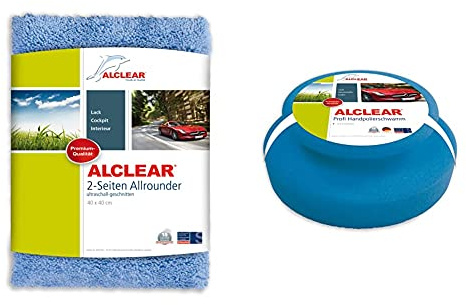 ALCLEAR Microfaser Auto Poliertuch 2-Seiten-Allrounder, 40x40 cm blau & Auto Profi Handpolierschwamm 130 x 50 mm mit umlaufender Griffleiste für Wachse, Polituren, Lackreiniger, Politur Set
