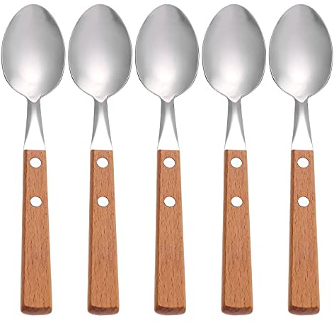 HEMOTON Edelstahl Dessertlöffel Mit Holzgriff 7.87 Zoll 5Er Set Löffel Für Kuchen Getränke Obst Haushalt Party Küche