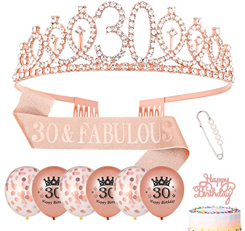Heyu-Lotus 30th Birthday Sash and Tiara Balloons Cake Topper | Rose Gold 30 & Fabulous Sash Rhinestone Crown Balloons Cake Topper for Women 30th Birthday Gifts Party Decorations Supplies
