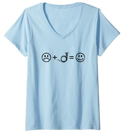 Damen Horn Music Makes Happy Funny Horn Player T-Shirt mit V-Ausschnitt