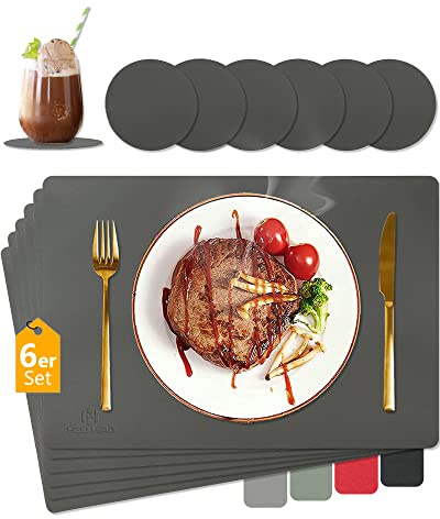 HELI MIAO Tischsets Abwaschbar,Platzsets Abwischbar, Leder,Hitzebeständig Doppelseitigen I 6er Set Platzdeckchen Lederoptik mit Untersetzer,Tischuntersetzer rutschfest,Dunkelgrau