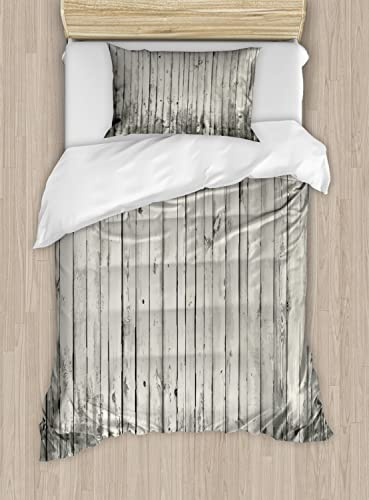 Ambesonne Rustic Duvet Cover Sets, Old Fashioned Garden Fence Planks Retro Grunge Toned Murky Woods Picture, Bedding Set with 2 Duvet Covers & 2 Pillowcases, 2 Pack Twin Size, Pale Grey Pearl Dust