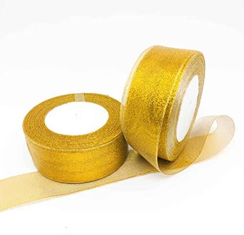 GAKA FAVOR Geschenkband Gold Glitzer 40mm x 22 Meters (2 Rollen), Schleifenband Bänder Organzaband breit, Stoffband für Hochzeit, Weihnachten und Geburtstag Geschenke
