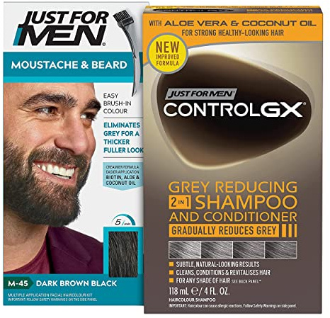 Just For Men Moustache and Beard Dark Brown Dye + Control GX Grey Reducing 2-in-1 Shampoo & Conditioner, New Improved Formula - All Shades, 118ml