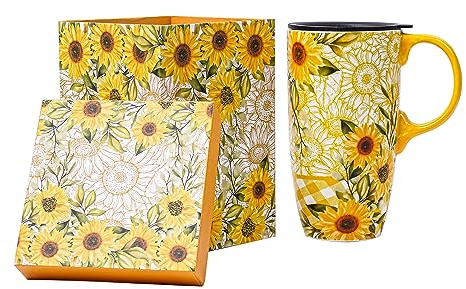 Topadorn Ceramic Travel Mug with Lid and Handle for Coffee Lovers Ceramic Coffee Mug Latte Teacup Milk Mug in Color Box 17 Oz, Yellow Flowers