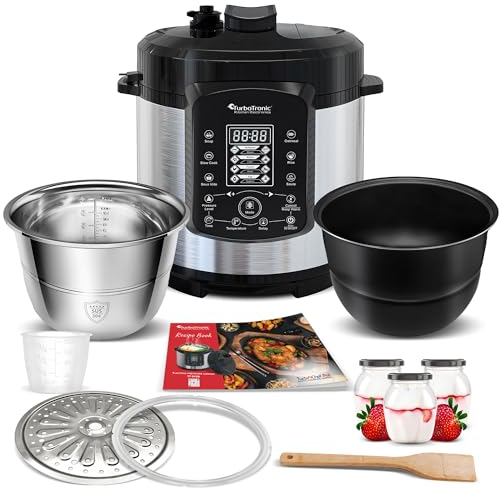 TurboTronic Druckkochtopf 6L mit 2x Topf Edelstahltopf und beschichtet, Dampfgarer, Multikocher, elektrischer Schnellkochtopf, Dampfkochtopf Silber