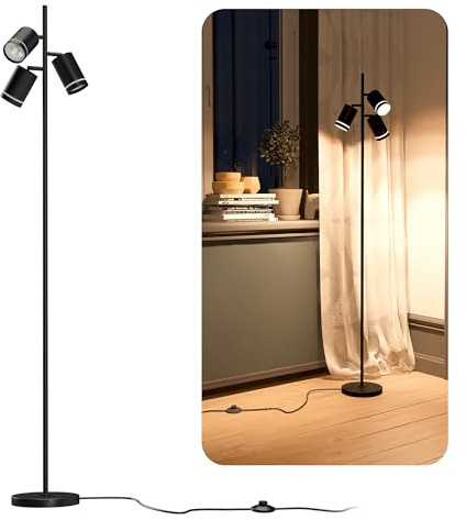 linovum TAVIRA Stehleuchte 3-flammig schwarz 150cm GU10 2W warmweiß | Stehleuchte 150cm - drei drehbare Köpfe, mit Fußtaster, warmweiß, als Arbeits- & Leselampe fürs Wohnzimmer, inkl. GU10 LED