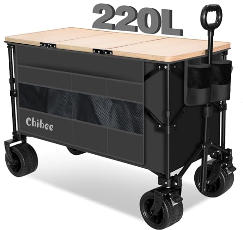 Chihee All'aperto Carrello da spiaggia,Carrello da spiaggia pieghevole Grande capacità 220L,Portatile Carro Ruote per tutti i terreni con tasca sovradimensionata 1 tavolo pieghevole 2 portabevande