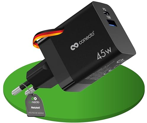conecto Chargeur USB-C, Alimentation USB, 2 Ports, 1x USB-C 45 Watt Max. PD, 1x USB A 12 Watt Max, Chargeur Rapide GaN, Noir