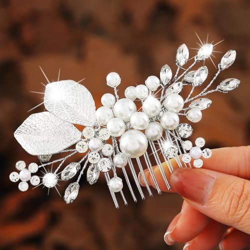 Handcess Braut Hochzeits Haarkamm Silber Strass Haarteil Perlen Kopfschmuck Braut Blatt Haarschmuck für Frauen und Mädchen