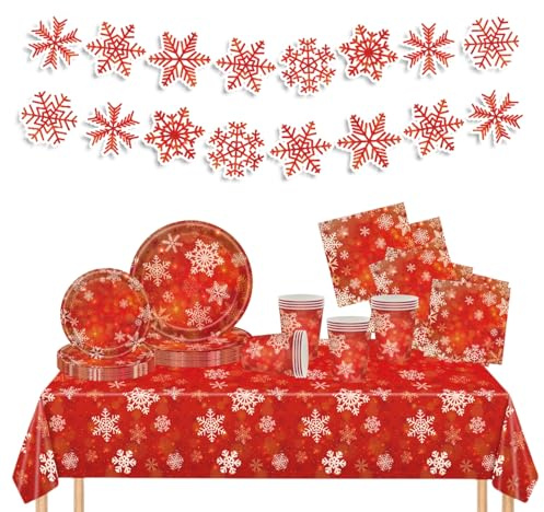 70pcs Christmas Party Red Tableware Set With Red Snowflake Paper Cups Napkins Plates and Snowflake Table Cloth