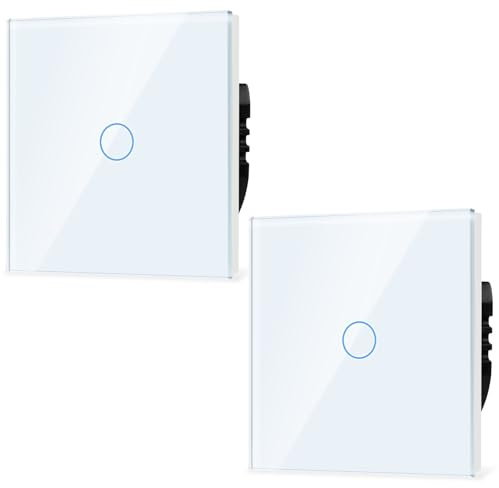 TAWOIA Normaler Lichtschalter, Wandlichtschalter, Standard 110 V-240 V, 86 x 86 mm Gehärtete Kristallplatte mit LED Hintergrundbeleuchtung 1 Fach 2 Weg Touch Lichtschalter,1000W,Weiß 2er-Pack