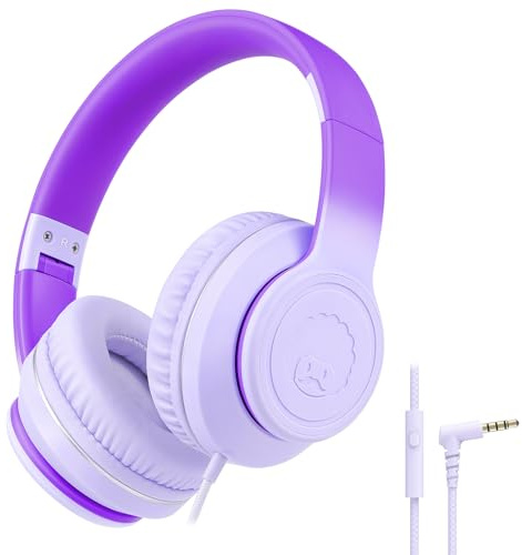 RockPapa L22 Kinder kopfhörer, Kabel Kopfhörer für Kinder, 3,5 mm Aux Jack, Verstellbares Stirnband mit Mikrofon, Faltbarer Kopfhörer Over-Ear für Schule, Travel, Jungen, Mädchen (Farbverlauf Violett)