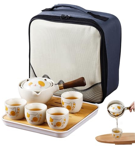 Juego de té de gato, juego de té de viaje 7pcs/set cerámica lindo gato gato portátil chino juego de té con tetera e infusor de rotación 360, 4 tazas de té, bandeja de té de bambú y bolsa de transport