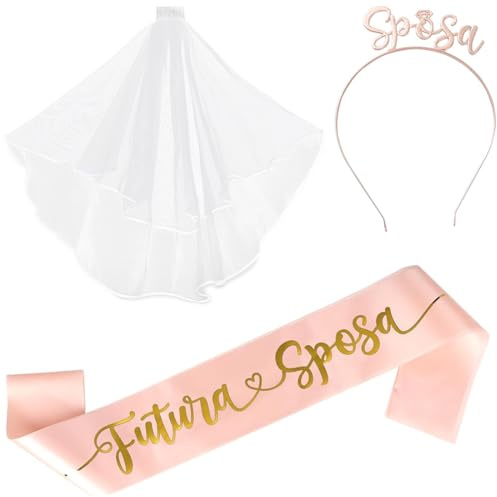 ZEPIQOR 3pcs Addio al Nubilato Gadget Futura Sposa Decorazione Fascia e Velo da Sposa Tiara per Capelli Sposa Accessori Sposa Addio al Nubilato Festa Matrimonio Nozze Fidanzamento