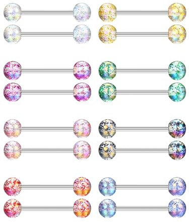 CASSIECA 16-stk. 14G 18 mm Zungenpiercing in Chirurgenstahl / Edelstahl - Mehrfarbig, Brustwarzenpiercing, Nippel Piercing Barbell Set für Damen