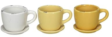 finehomegarden Pflanztasse Dolomit 3Fb. sort. gelb/Creme Tasse Pflanztopf mit Unterteller Keramik Ø10x8cm H7cm