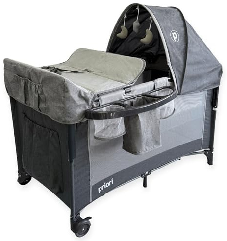 Priori Baby Halley Cuna Colecho Convertible 2 en 1 para Bebé – Portátil con Cambiador, Toldo y Juguetes, Regulable en Altura con Malla Transpirable Ruedas con Freno y Colchón Suave, Hasta 15 kg (Gris)