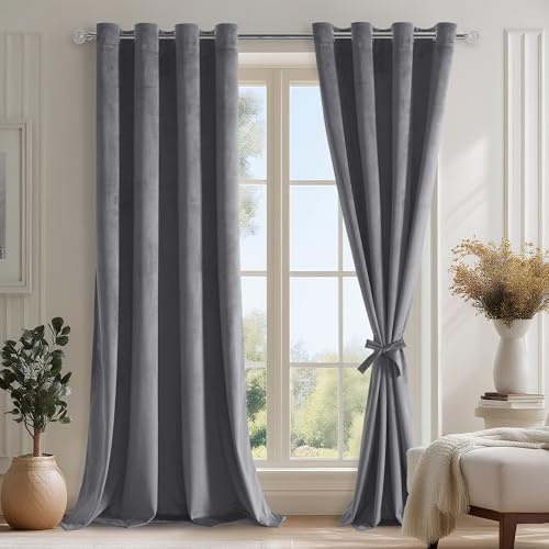 DWCN Blickdicht Vorhänge Grau Samtvorhang, Thermogardinen H245 x B140 cm | Gardinen mit Vorhang-Krawatten für Wohnzimmer Schlafzimmer, Abdunkelnde Vorhänge Wunderschön Weich Verdunkelung