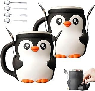driattie 2pcs Cute Penguin Ice Cream Pint Holder, 3D Printed Penguin Ice Pint Holder with Spoon Antifreeze Handle Reusable Insulated Sleeve for Yogurt and FrozenDesserts