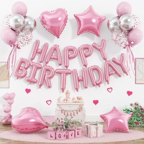 Ballons Anniversaire Rose, Foil Ballons Happy Birthday Bannières, Étoile et Coeur Ballon en Aluminium, Argenté Ballon Confettis Colorés en Latex pour Anniversaire Jubilé Mariage