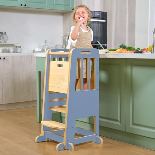 WINGYZ 3-Fach Höhenverstellbar Learning Tower aus Holz für Babys ab 1+ Jah, Tritthocker für Kinder Lernstuhl mit Anti-Kipp-Struktur Anti-Rutsch-Streifen für Küche Badezimmer Wohnzimmer (Hellblau)