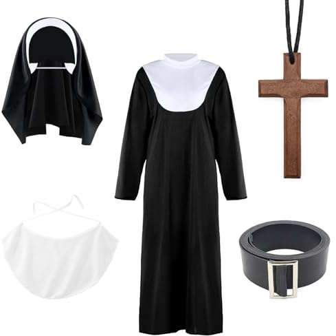 Pesoncarl Nunna kostymer för kvinnor halloween nunna outfit med huvudbonad, haklapp, bälte och korshalsband, religiösa kvinnor, maskeradkostymer för halloweenfest, cosplay tillbehör
