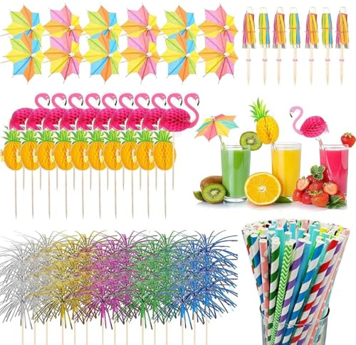 KARLOR Pack of 100 Cocktail Decorations, Reusable Cocktail Skewers, Cocktail Umbrellas, Fireworks, Flamingo Pineapple Stick, Paper Straws, Hawaii Party Decoration for Summer, Bar, Drinks, Cupcakes