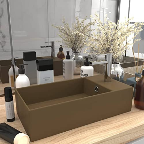 Lavabo Salle de Bain avec Trop-Plein en Céramique, Design Moderne, Vasque à Poser Salle de Bain, Lavabo Salle de Bain, Meuble Vasque Salle de Bain, Lave Main, Crème Mat, 480 x 250 x 150 mm